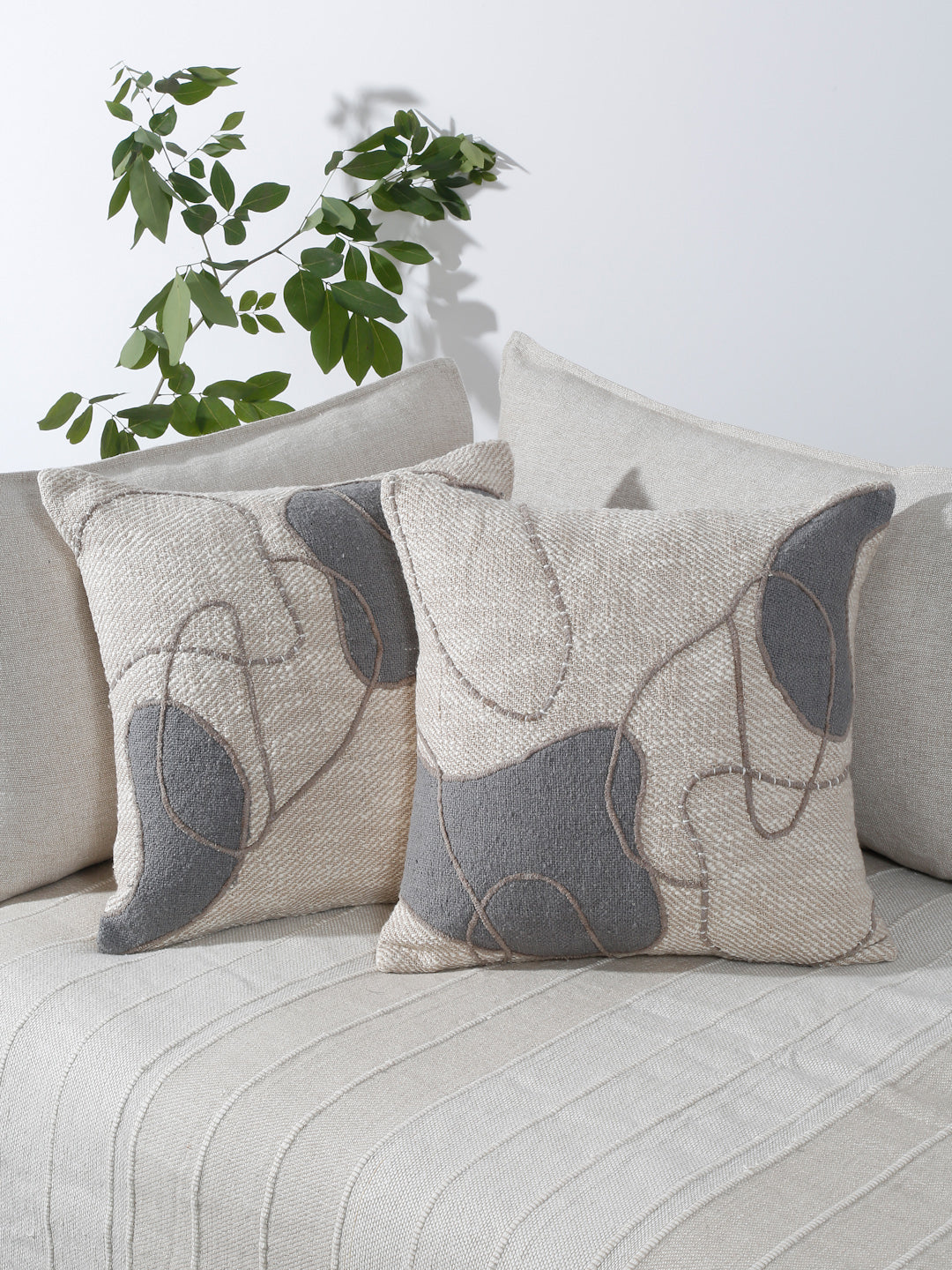 Beige Grey 2 Pieces Cotton Embroidered Square Cushion Covers Eyda Home