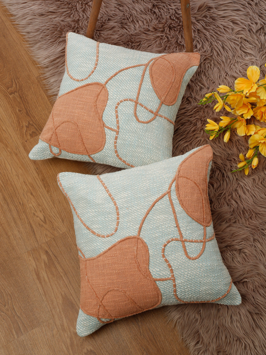 Peach Coloured Blue 2 Pieces Cotton Square Cushion Covers Eyda Home