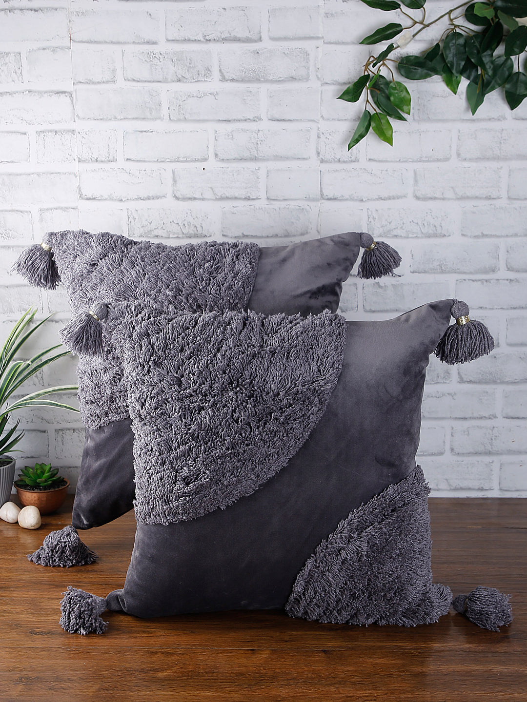 Set Of 2 Grey Self Design Super Soft Velvet Sustainable Cushion Cover