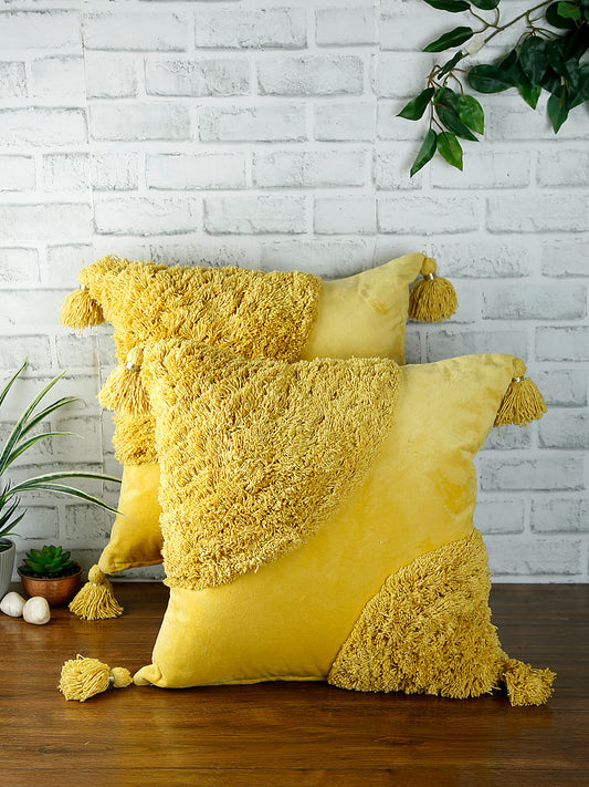 Set of 2 Yellow Self-Design Square Velvet Sustainable Cushion Covers