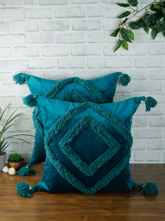 Set of 2 Teal Blue Textured Square Velvet Sustainable Cushion Covers