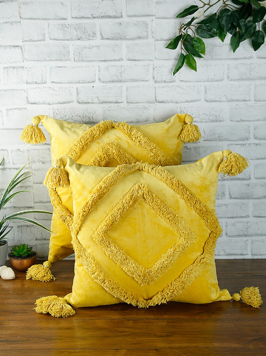 Set of 2 Yellow Embellished Velvet Square Cushion Covers