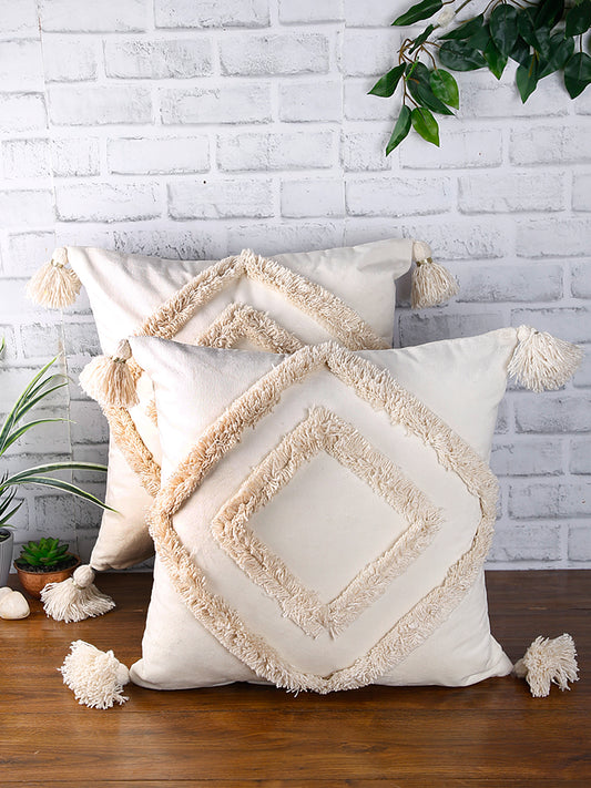 Set of 2 Off-White Textured Square Velvet Sustainable Cushion Covers