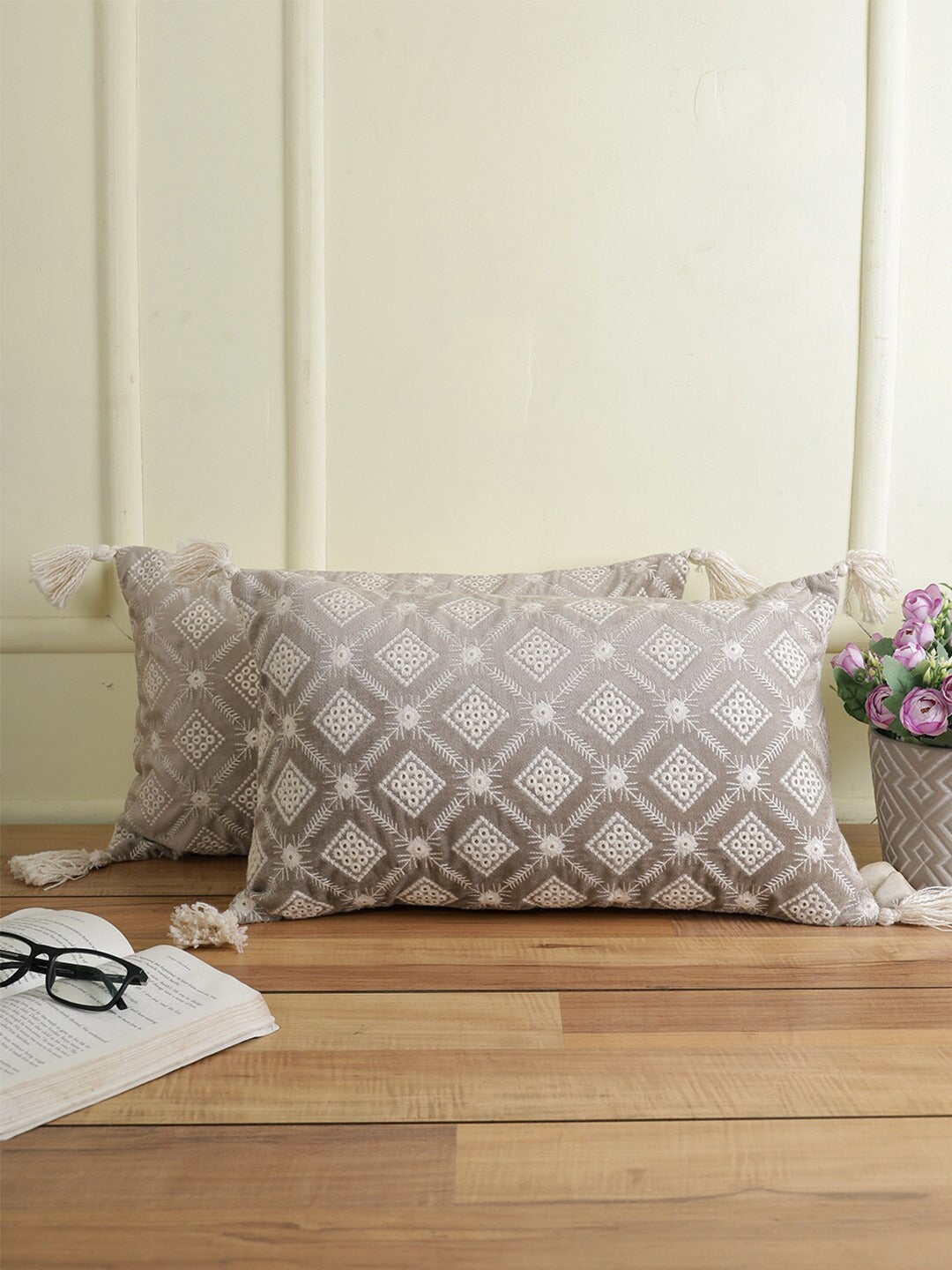 Grey & White Set of 2 Embroidered Velvet Rectangle Cushion Covers