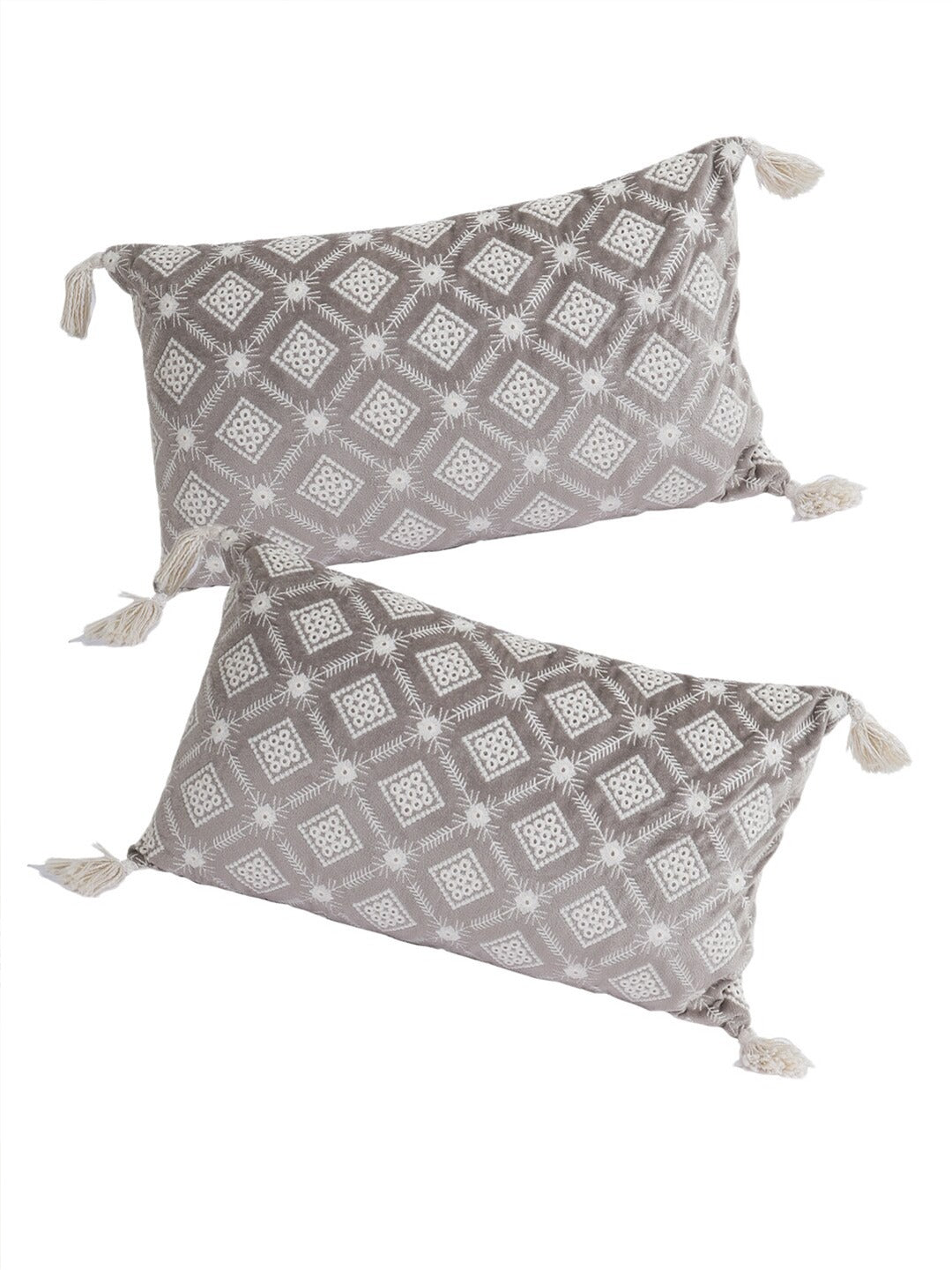 Grey & White Set of 2 Embroidered Velvet Rectangle Cushion Covers