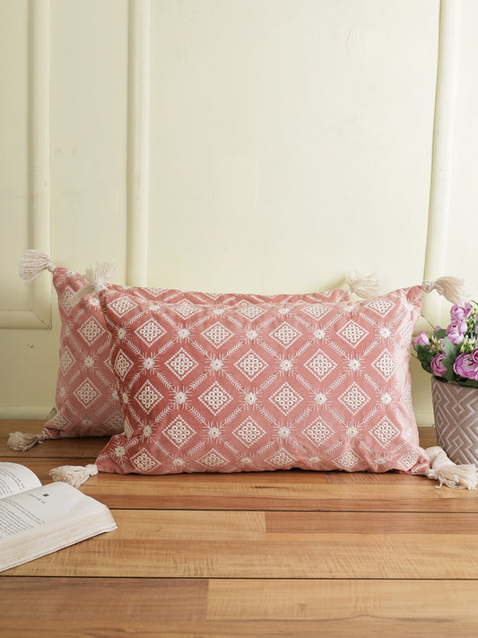 Pink & White Set of 2 Embroidered Velvet Rectangle Cushion Covers