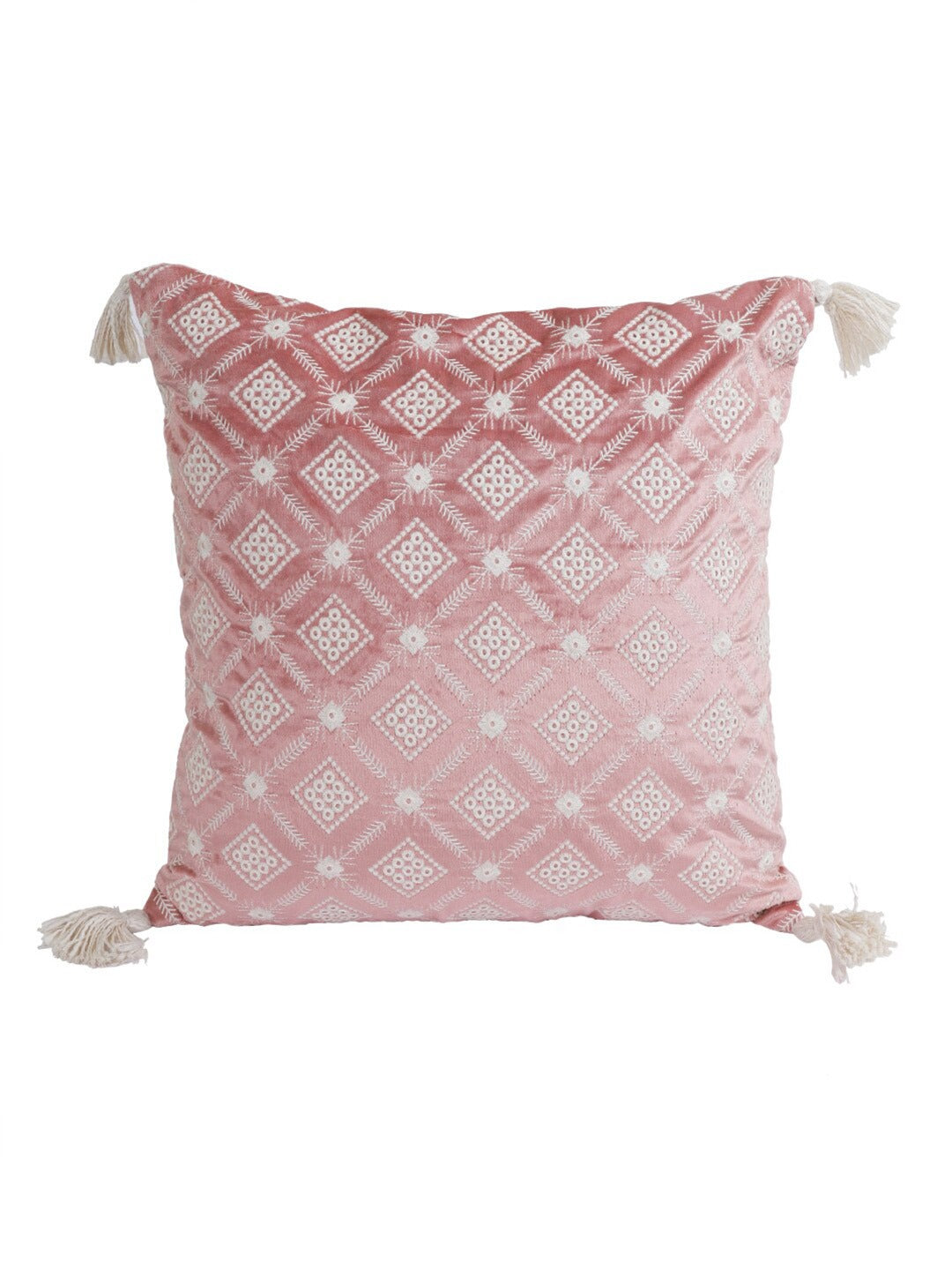 Pink & Off White Set of 2 Embroidered Velvet Square Cushion Covers