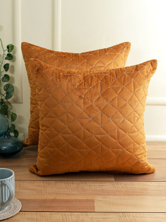 Rust Set of 2 Velvet Self Design Square Cushion Covers