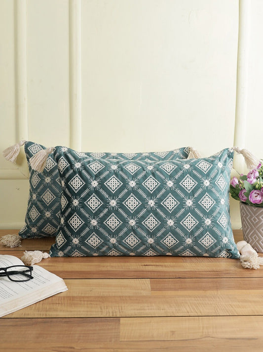 Set of 2 Teal & White Embroidered Velvet Rectangle Cushion Covers